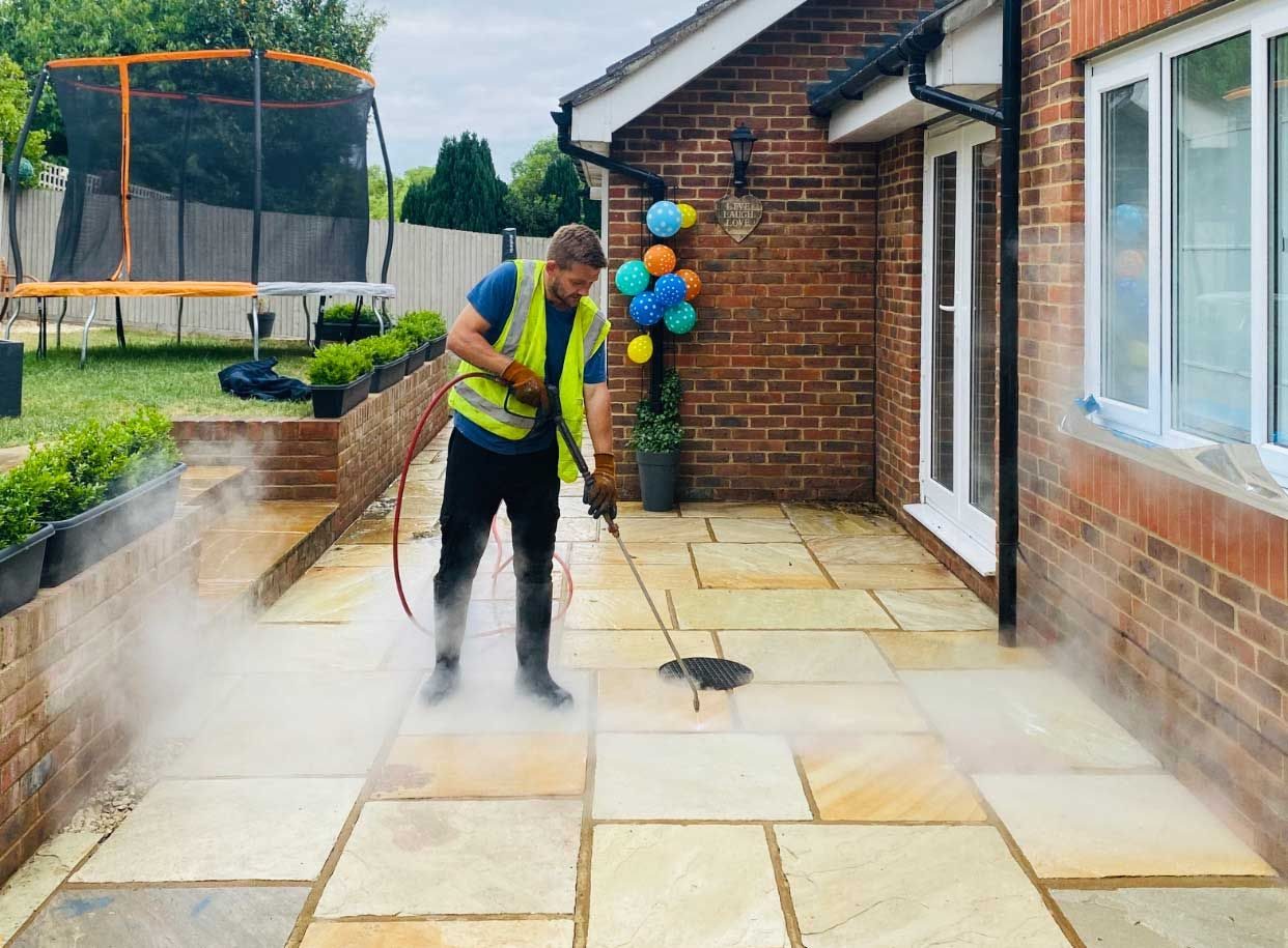 Patio pressure washing at a UK home