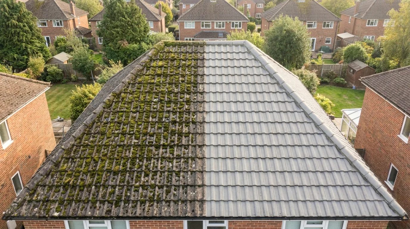 Roof moss removal on a UK tiled roof