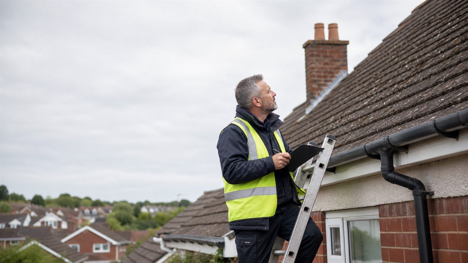 Roofer inspecting a UK roof